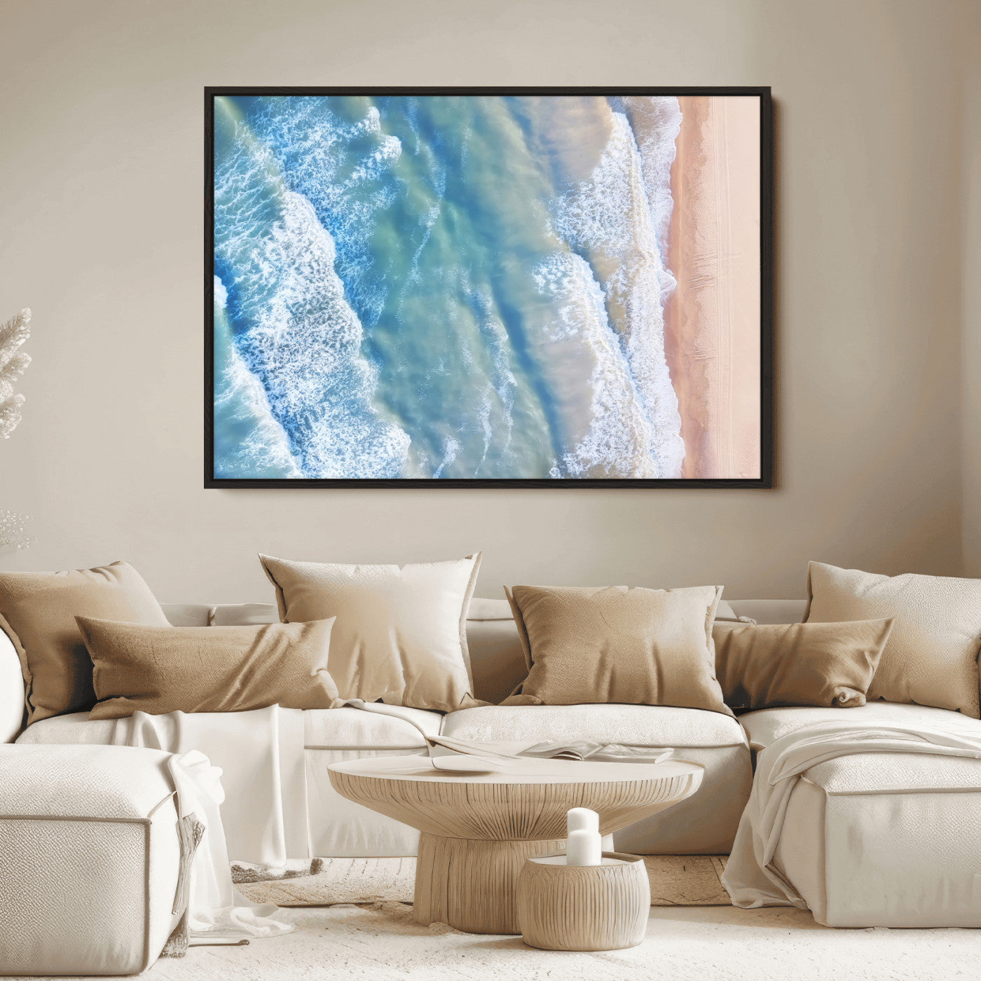 17641845-MGV-FC-36X24_Black-Aerial Ocean Wall Art Canvas Print, Framed Blue Waves Art Picture Print, Sandy Shoreline Perfect Modern Coastal Decor Artwork