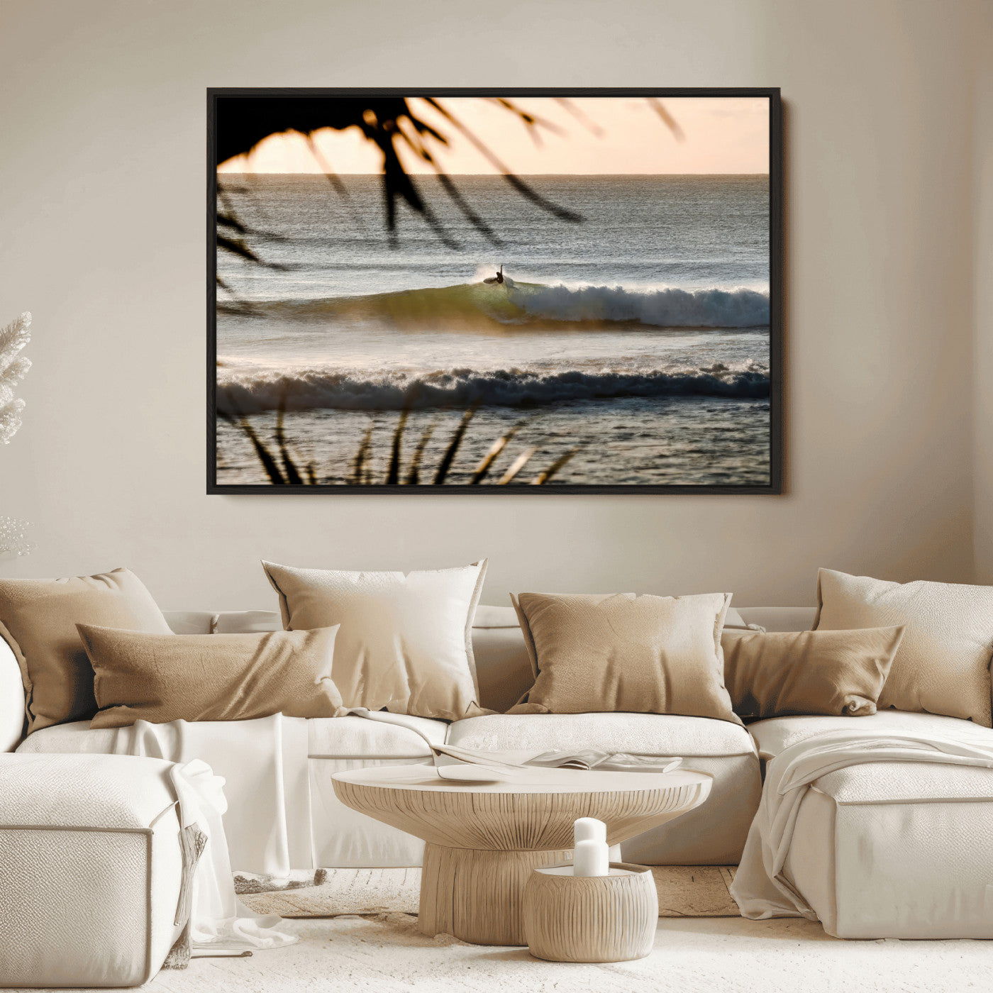 24896468-MGV-FC-36X24_Black-Sunset Surf Wall Art Canvas Print, Framed Golden Waves Art Picture Print, Tropical Ocean Perfect Tropical Boho Decor Artwork