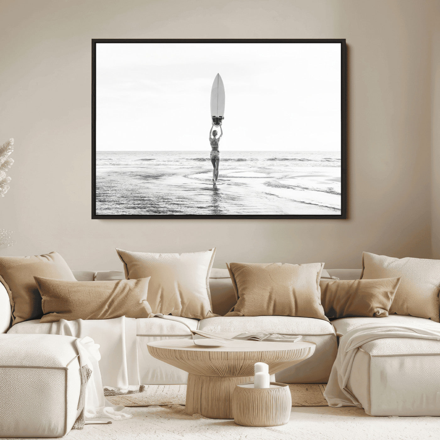 98446901-MGV-FC-36X24_Black-Monochrome Surf Wall Art Canvas Print, Framed Minimalist Surfer Art Picture Print, Surfboard Silhouette Perfect Coastal Minimalist