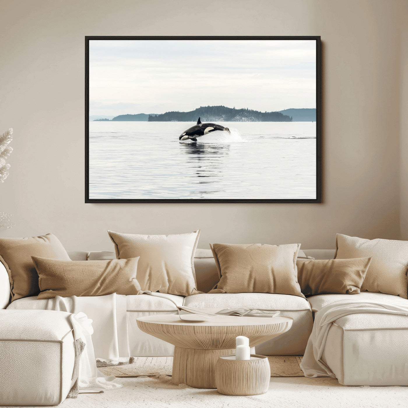 10157174-MGV-FC-36X24_Black-Orca Whale Wall Art Canvas Print, Framed Black White Whale Art Picture Print, Minimalist Ocean Perfect Coastal Minimalist Decor
