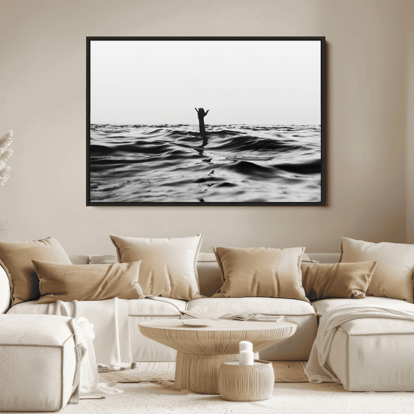 69541918-MGV-FC-36X24_Black-Black White Ocean Wall Art Canvas Print, Framed Moody Seascape Art Picture Print, Surfer Sign Perfect Moody Minimalist Decor