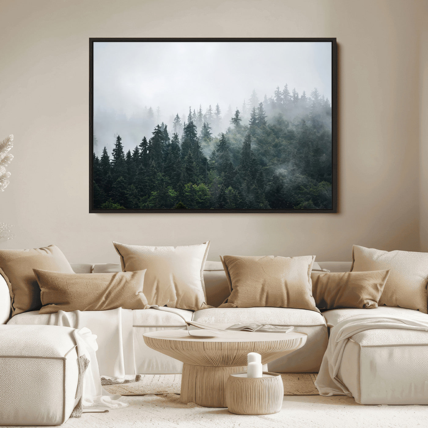 84146572-MGV-FC-36X24_Black-Foggy Pine Trees Wall Art Canvas Print, Framed Forest Nature Art Picture Print, Evergreen Forest Perfect Scandinavian Minimalist