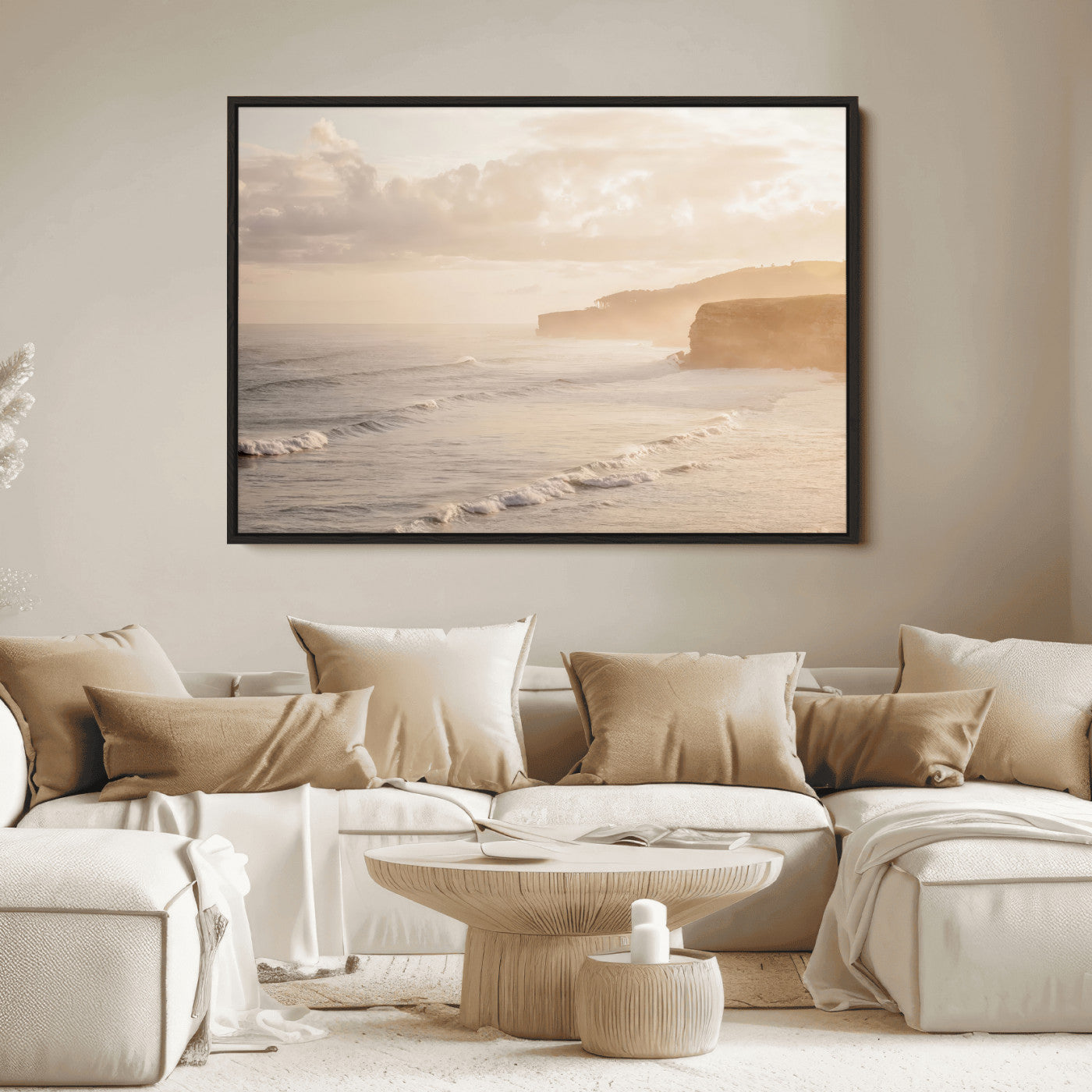 57669769-MGV-FC-36X24_Black-Misty Coastal Wall Art Canvas Print, Framed Golden Sunset Art Picture Print, Serene Shoreline Perfect Tranquil Coastal Decor