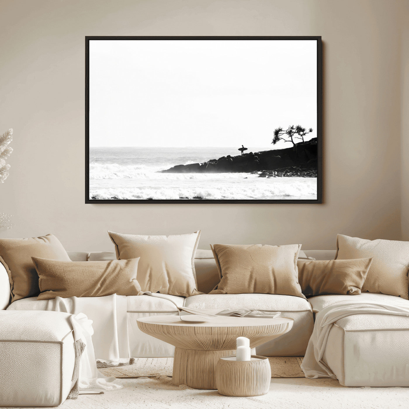 40875891-MGV-FC-36X24_Black-SurferCliffs Wall Art Canvas Print, Framed Black White Beach Art Picture Print, Ocean Waves Perfect Minimalist Coastal Decor