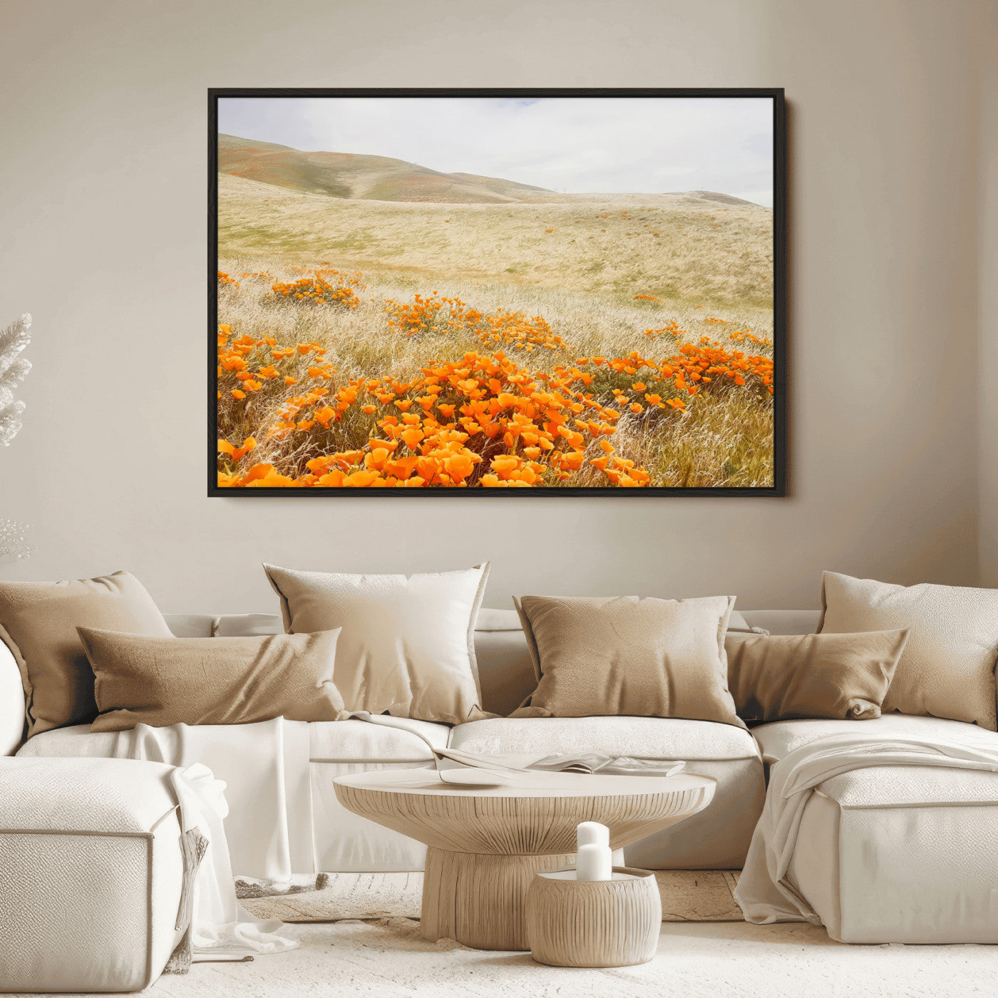 28972262-MGV-FC-36X24_Black-Golden Wildflowers Wall Art Canvas Print, Framed Hills Bloom Art Picture Print, Poppy Meadow Perfect Rustic Nature Decor Artwork