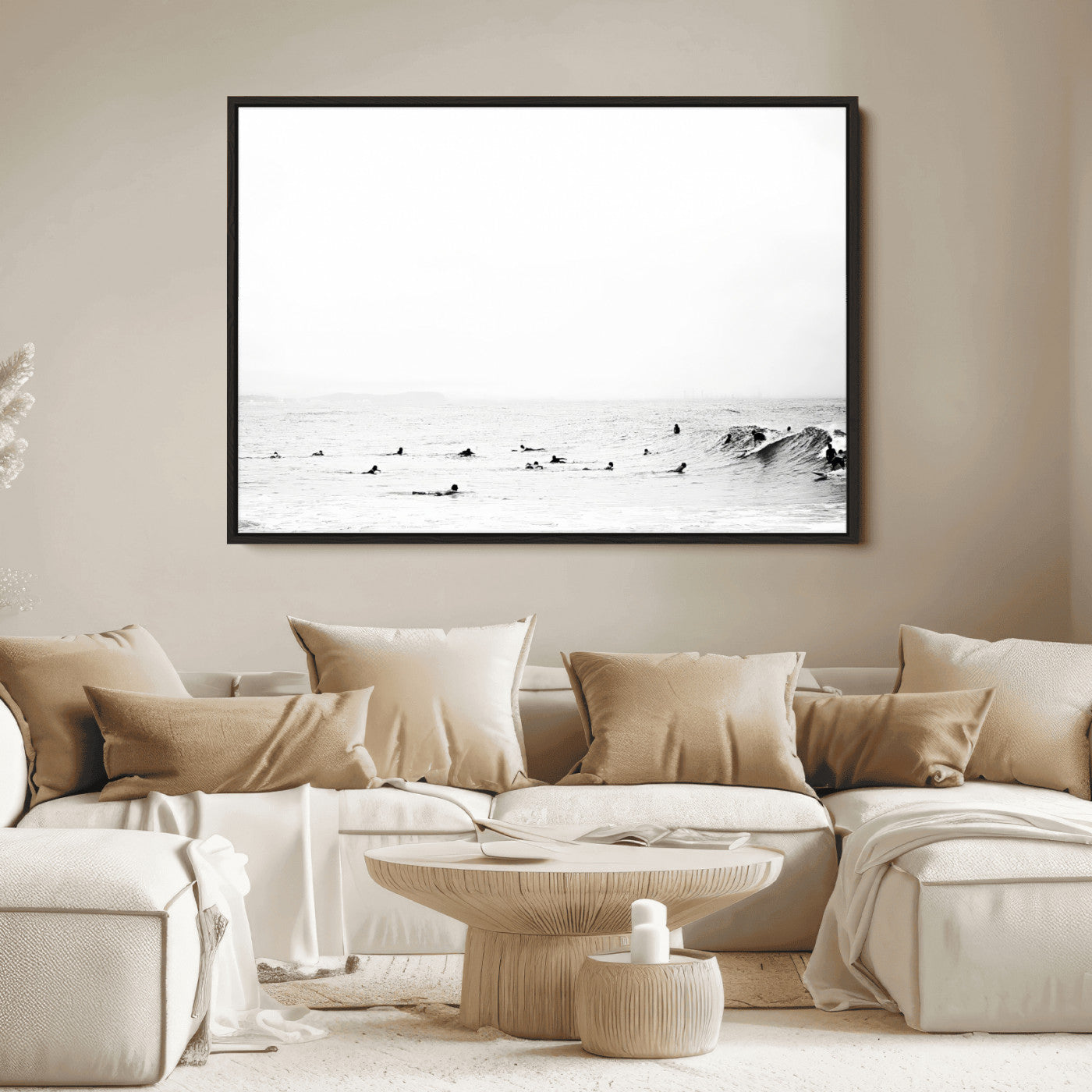 38441169-MGV-FC-36X24_Black-Monochrome Swimming Wall Art Canvas Print, Framed Ocean Horizon Art Picture Print, Moody Coastal Perfect Minimalist Coastal Decor