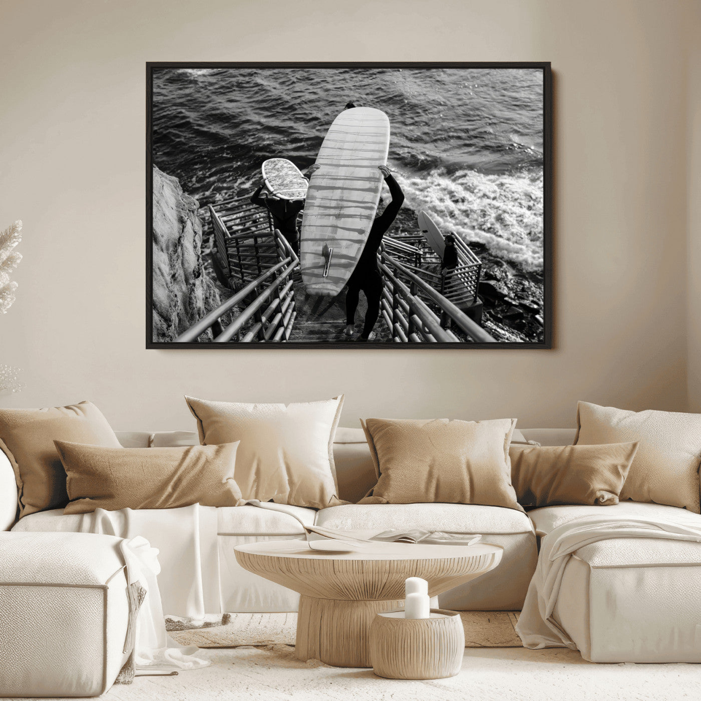 32353707-MGV-FC-36X24_Black-Black White Surfing Wall Art Canvas Print, Framed Coastal Surfing Art Picture Print, Wave Riders Perfect Coastal Adventure Decor