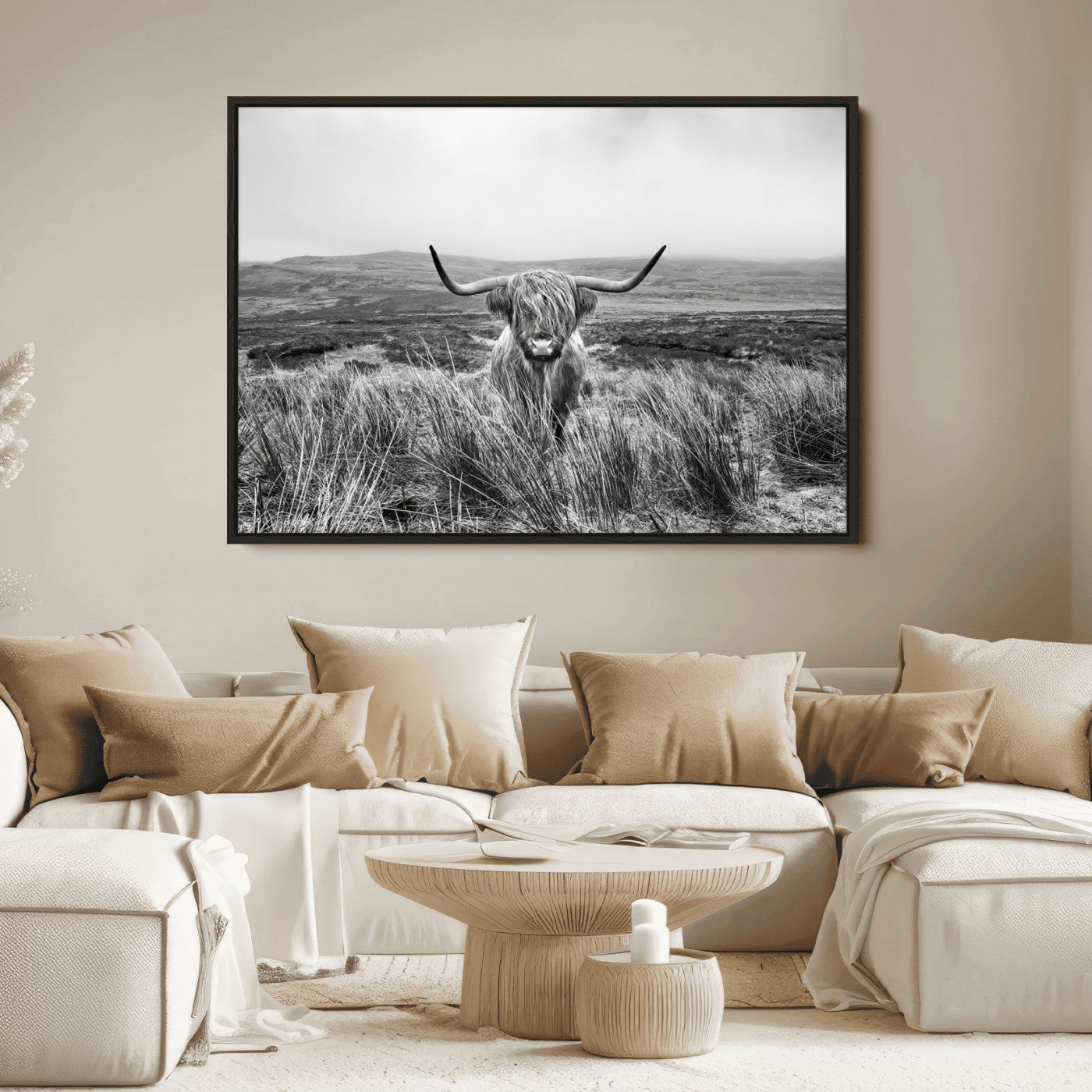 24051061-MGV-FC-36X24_Black-Monochrome Highland Cow Wall Art Canvas Print, Framed Scottish Bull Art Picture Print, Lone Cattle Perfect Rustic Farmhouse Decor