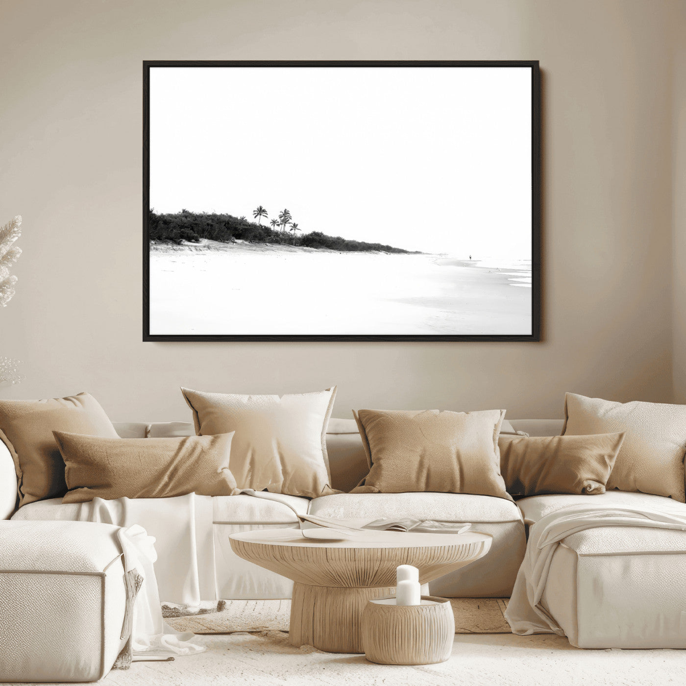 29611516-MGV-FC-36X24_Black-Black White Beach Wall Art Canvas Print, Framed Palm Trees Art Picture Print, Monochrome Tropical Perfect Minimalist Coastal Decor