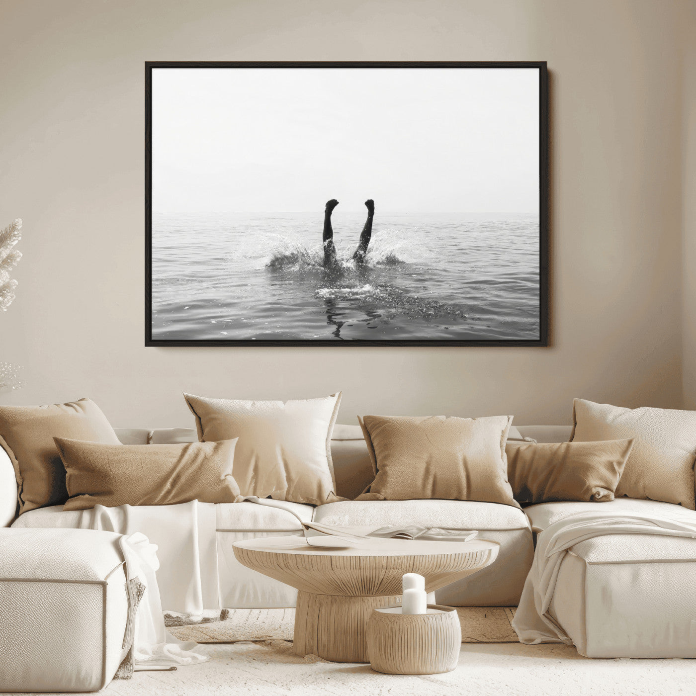 26667396-MGV-FC-36X24_Black-Black White Ocean Wall Art Canvas Print, Framed Monochrome Water Art Picture Print, Diving into Water Perfect Minimalist Aquatic