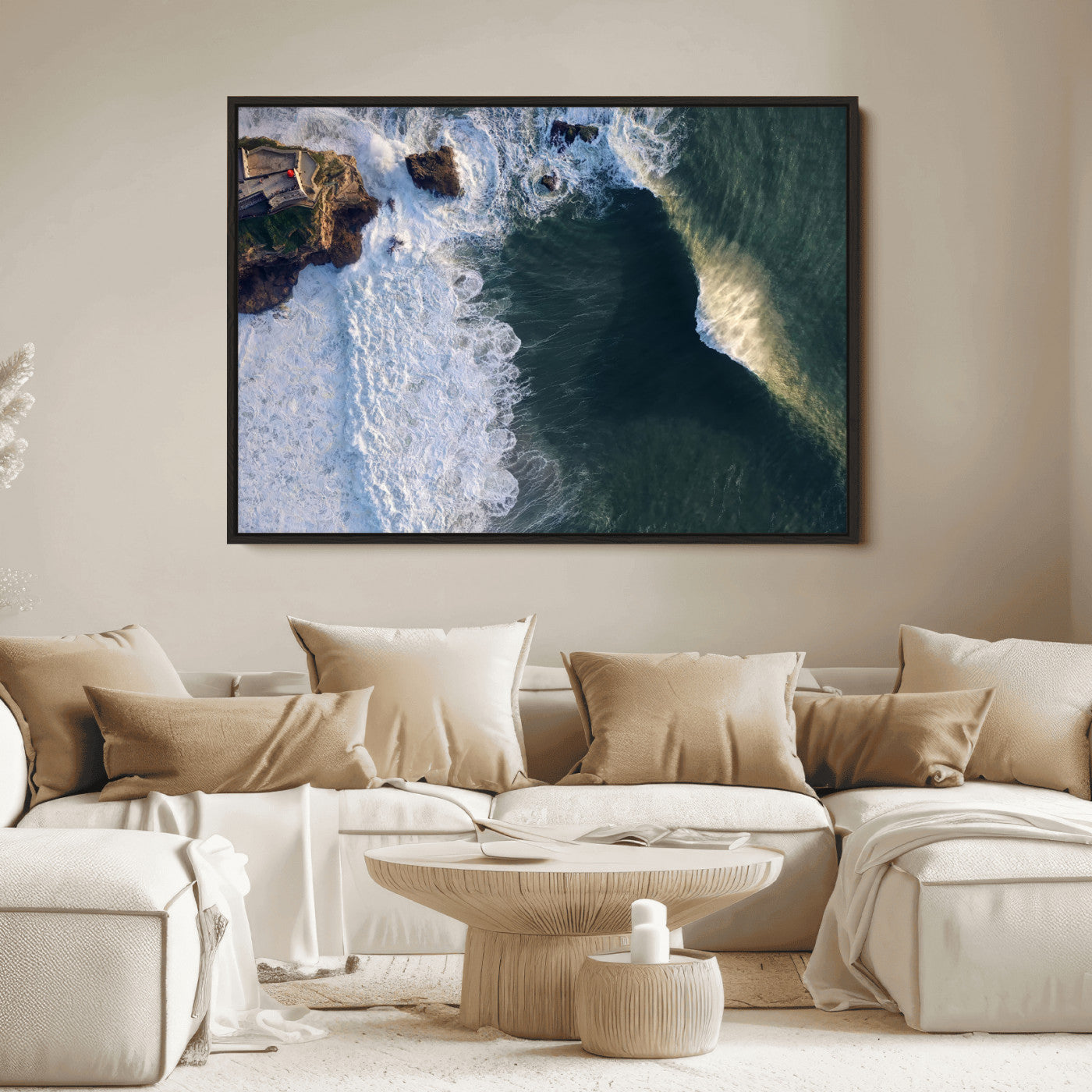 37405684-MGV-FC-36X24_Black-Nazare Coast Wall Art Canvas Print, Framed Aerial Ocean Art Picture Print, Coastal Fortress Perfect Dramatic Coastal Decor Artwork