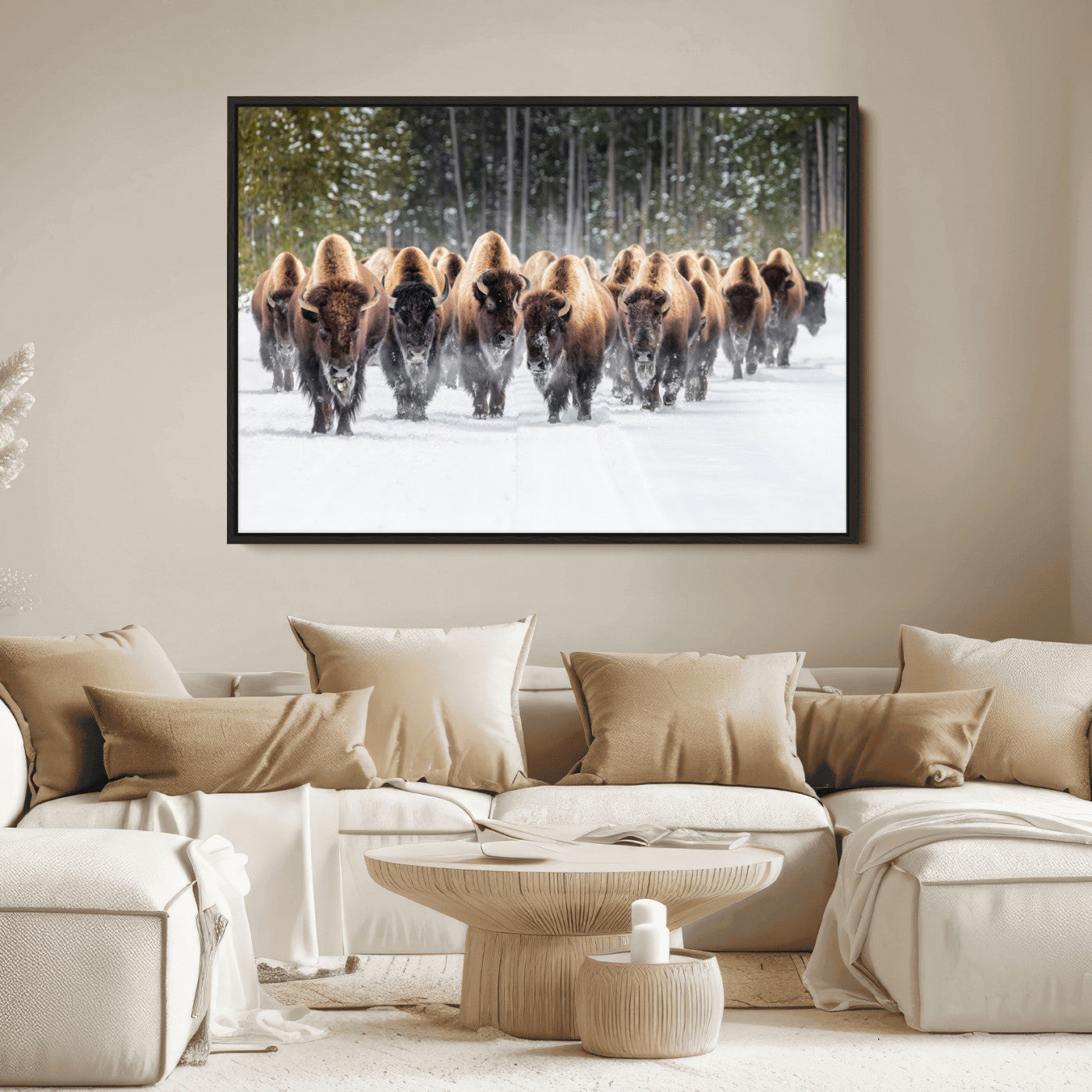 22695857-MGV-FC-36X24_Black-Bison Herd Scene Wall Art Canvas Print, Framed Western Wildlife Art Picture Print, Rustic Animal Art Perfect Rustic Lodge Decor