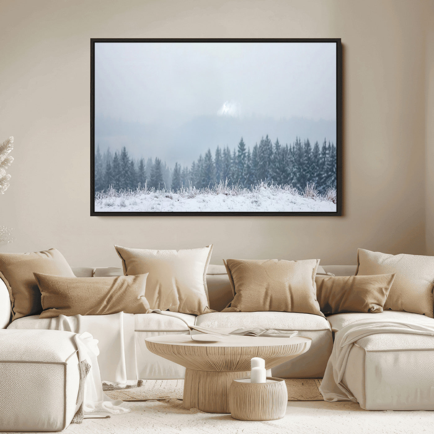33033082-MGV-FC-36X24_Black-Winter Forest Art Wall Art Canvas Print, Framed Snowy Landscape Art Picture Print, Misty Tree Scene Perfect Nordic Minimalist