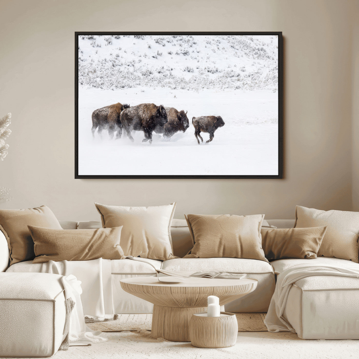 56216945-MGV-FC-36X24_Black-Bison Herd Decor Wall Art Canvas Print, Framed Snowy Bison Scene Art Picture Print, Winter Wildlife Theme Perfect Rustic Western