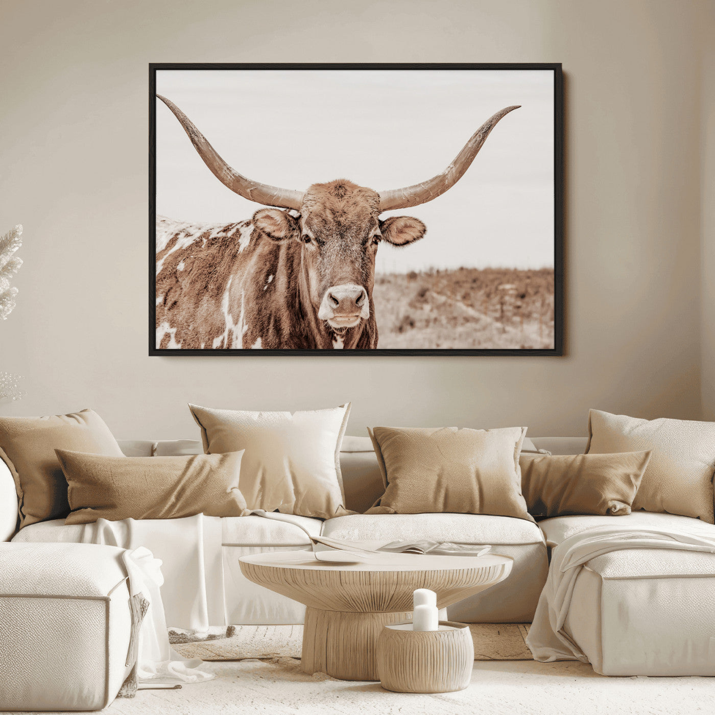 77810049-MGV-FC-36X24_Black-Longhorn Bull Photo Wall Art Canvas Print, Framed Rustic Cow Decor Art Picture Print, Neutral Farmhouse Style Perfect Rustic