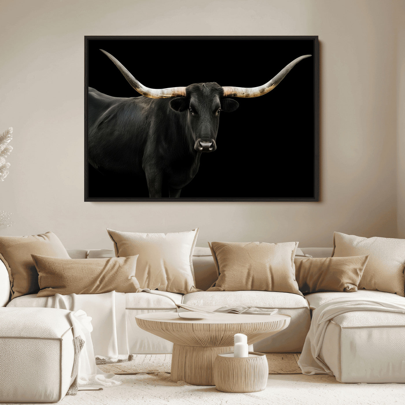 23572907-MGV-FC-36X24_Black-Texas Longhorn Wall Art Canvas Print, Framed Rustic Western Decor Art Picture Print, Farmhouse Animal Perfect Modern Western