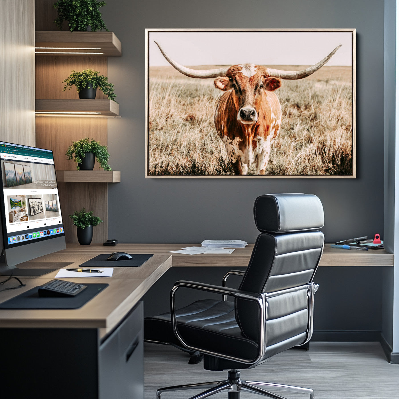 54986862-MGV-CV-36X24-Majestic Longhorn Wall Art – Canvas Print of Graceful Strength & Bold Spirit, Wild Plains Beauty Nature Inspired Rustic Decor for