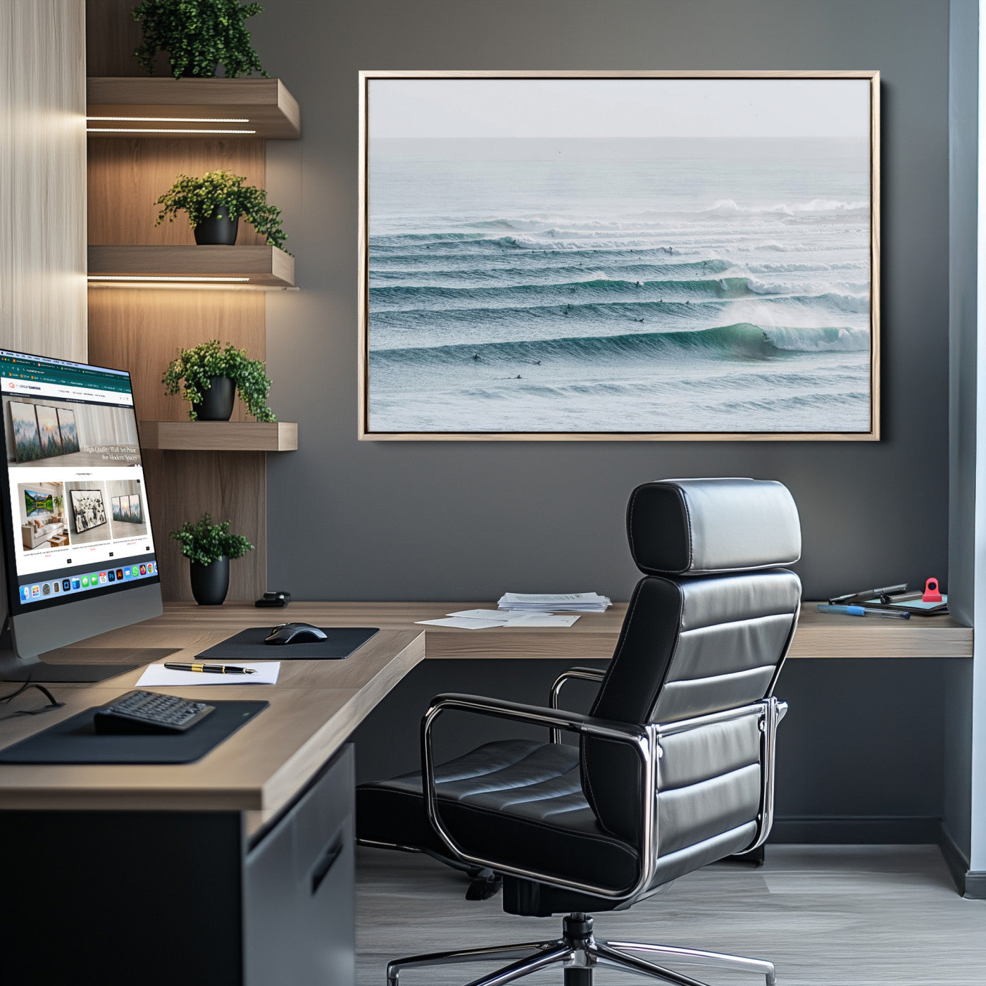 73969318-MGV-CV-36X24-Ocean Waves Wall Art Canvas Print, Framed Surfer Lineup Art Picture Print, Crowded Ocean Perfect Minimal Coastal Decor Artwork