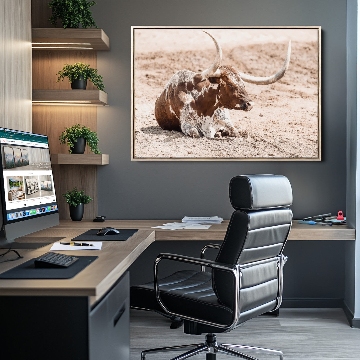 25407592-MGV-CV-36X24-Texas Longhorn Wall Art Canvas Print, Framed Resting Bull Art Picture Print, Spotted Cattle Perfect Rustic Western Decor Artwork