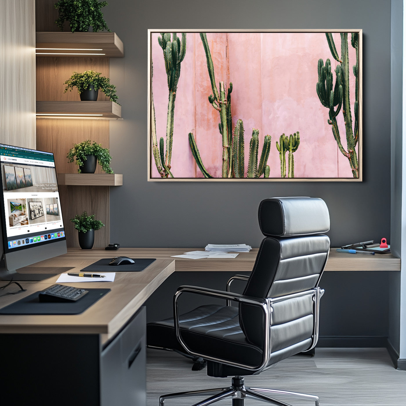 93119502-MGV-CV-36X24-Tall Cactus Wall Art Canvas Print, Framed Pink Wall Art Picture Print, Cactus Lines Perfect Modern Desert Decor Artwork