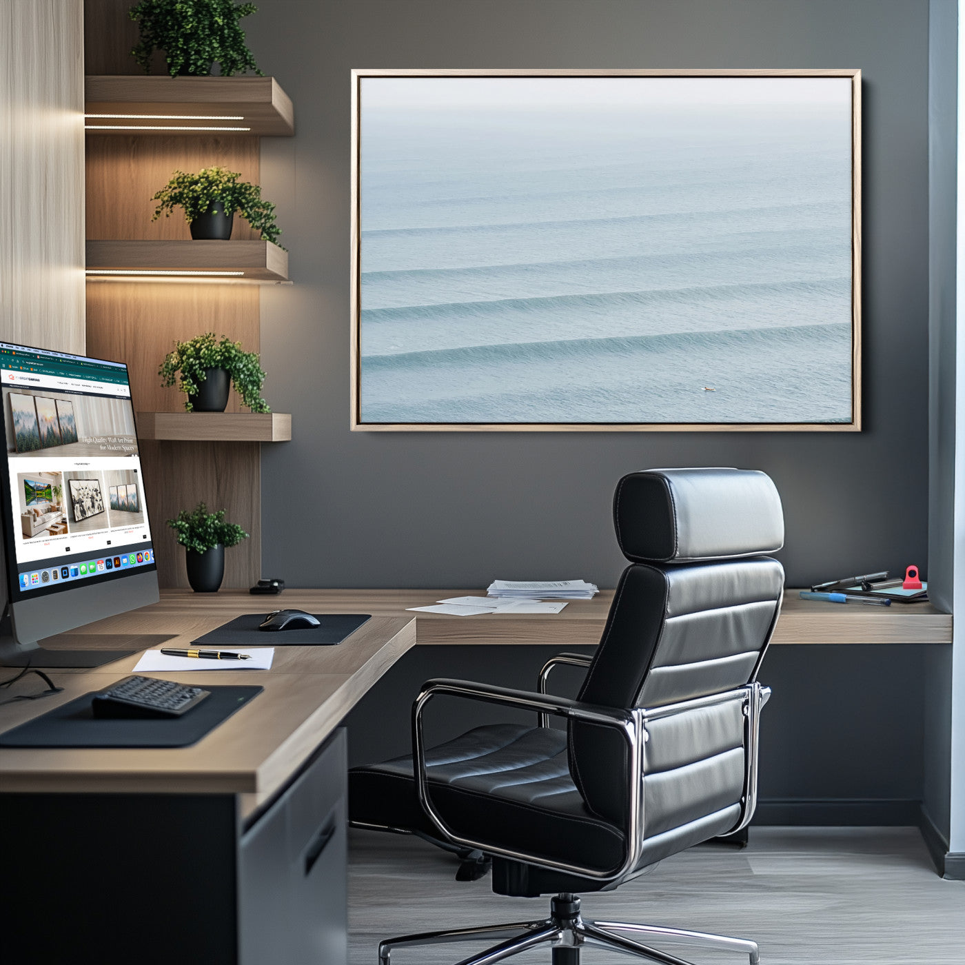 47814787-MGV-CV-36X24-Ocean Waves Wall Art Canvas Print, Framed Solo Surfer Art Picture Print, Wave Lines Perfect Minimalist Ocean Decor Artwork