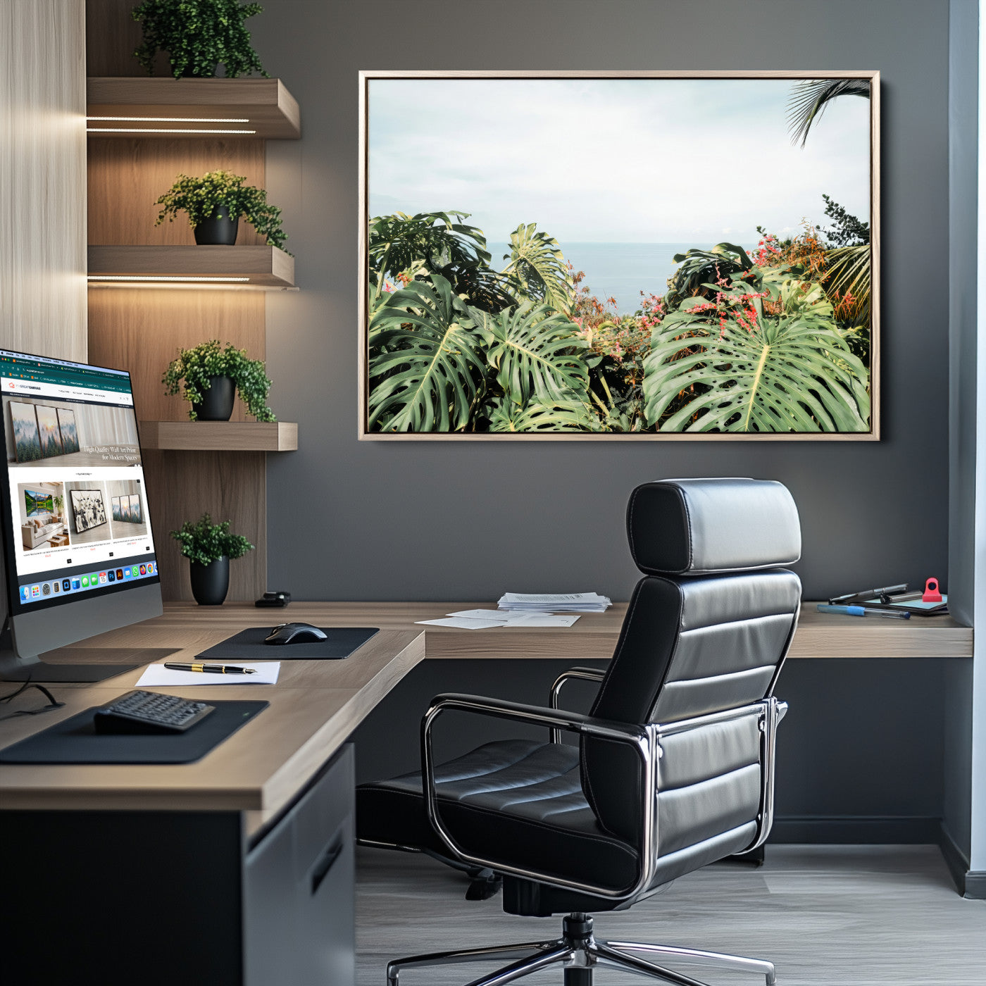 45700479-MGV-CV-36X24-Monstera Leaves Wall Art Canvas Print, Framed Tropical Ocean Art Picture Print, Tropical Foliage Perfect Tropical Coastal Jungle