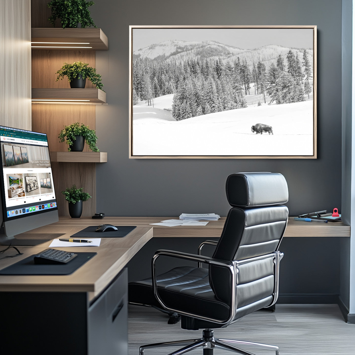 68081143-MGV-CV-36X24-Snowy Bison Wall Art Canvas Print, Framed Winter Forest Art Picture Print, Lone Bison Perfect Monochrome Winter Wild Decor Artwork