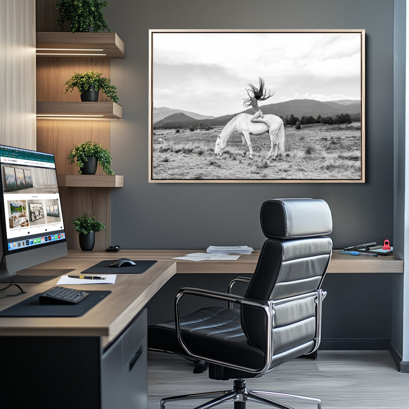 62789800-MGV-CV-36X24-White Horse Wall Art Canvas Print, Framed Woman Rider Art Picture Print, Equestrian Pose Perfect Western Boho Decor Artwork