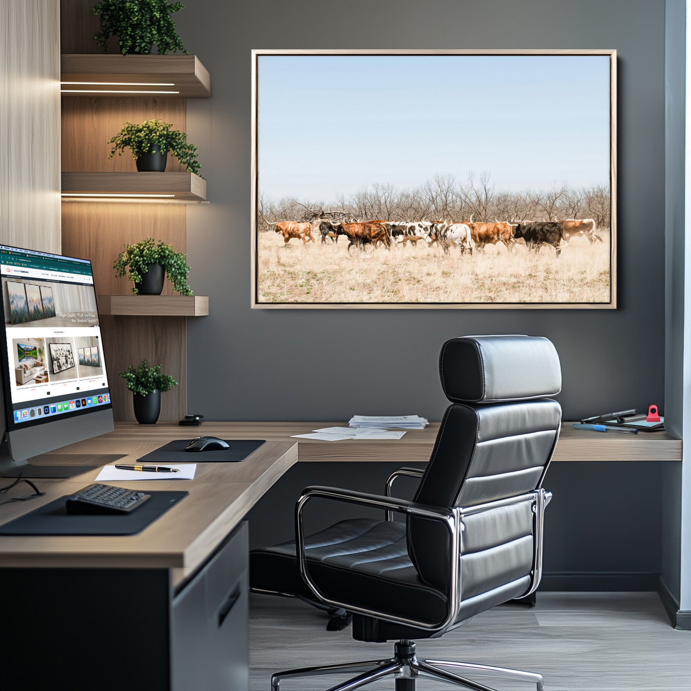 16563092-MGV-CV-36X24-Texas Longhorns Wall Art Canvas Print, Framed Western Cattles Art Picture Print, Rustic Herd Perfect Rustic Farmhouse Decor