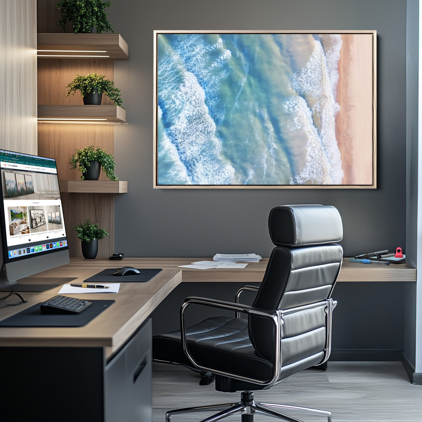 17641845-MGV-CV-36X24-Aerial Ocean Wall Art Canvas Print, Framed Blue Waves Art Picture Print, Sandy Shoreline Perfect Modern Coastal Decor Artwork