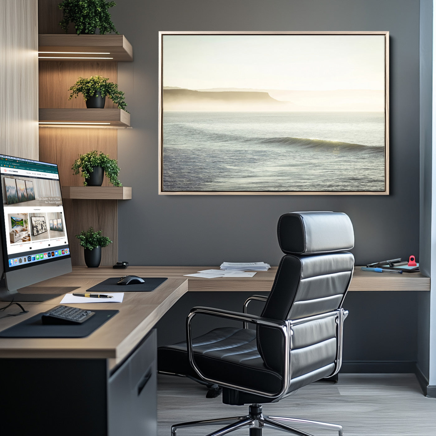 39310633-MGV-CV-36X24-Coastal Cliffs Wall Art Canvas Print, Framed Misty Ocean Art Picture Print, Morning Light Perfect Minimalistic Coastal Decor