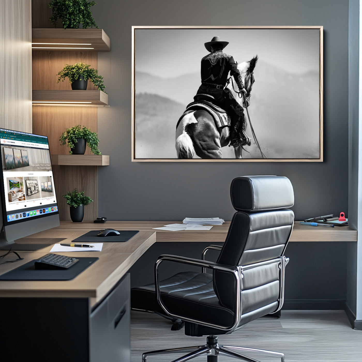 83102464-MGV-CV-36X24-Western Cowboy Wall Art Canvas Print, Framed Monochrome Horse Art Picture Print, Western Equestrian Perfect Rustic Western Decor