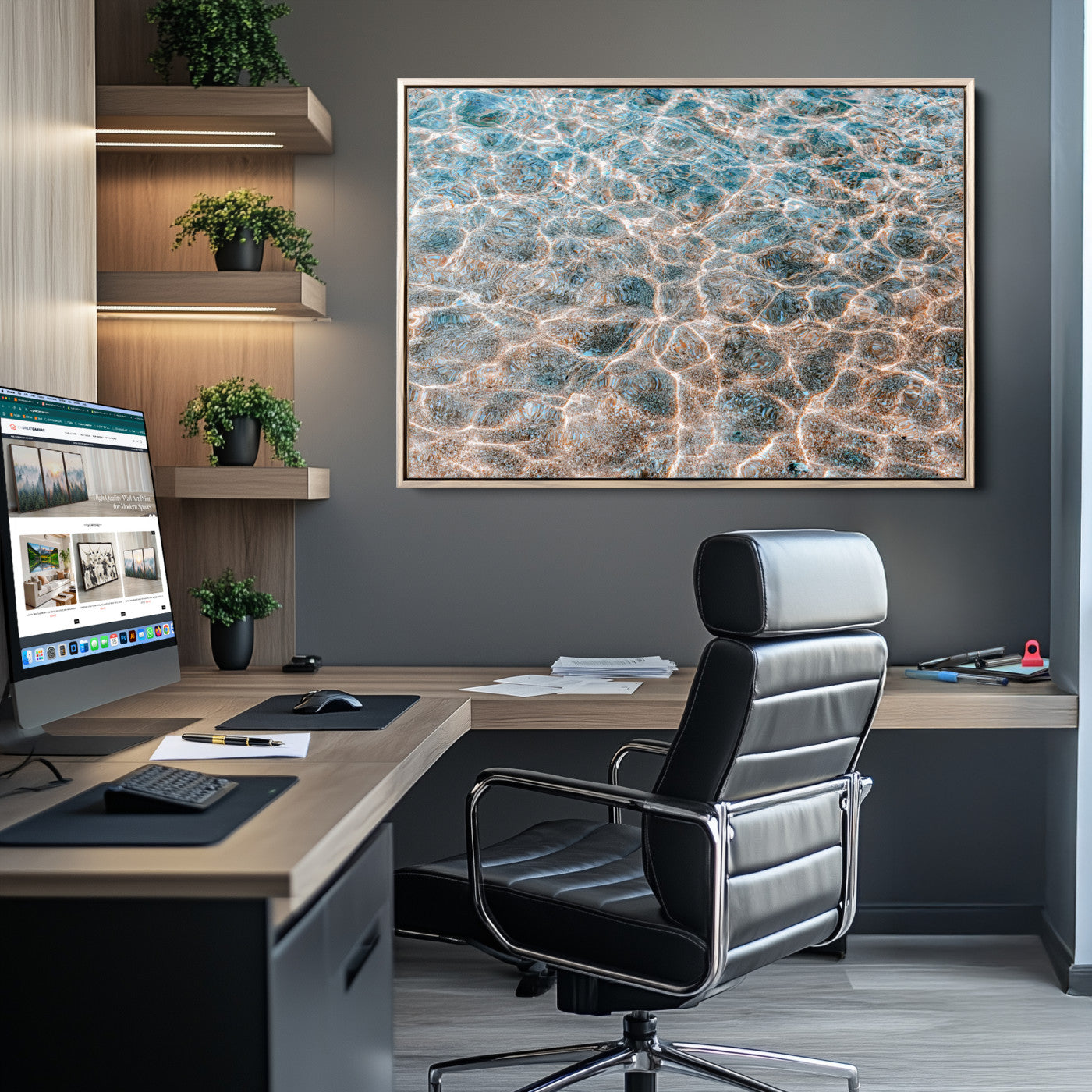 26580287-MGV-CV-36X24-Clear Water Wall Art Canvas Print, Framed Sunlit Ripples Art Picture Print, Ocean Texture Perfect Modern Coastal Decor Artwork