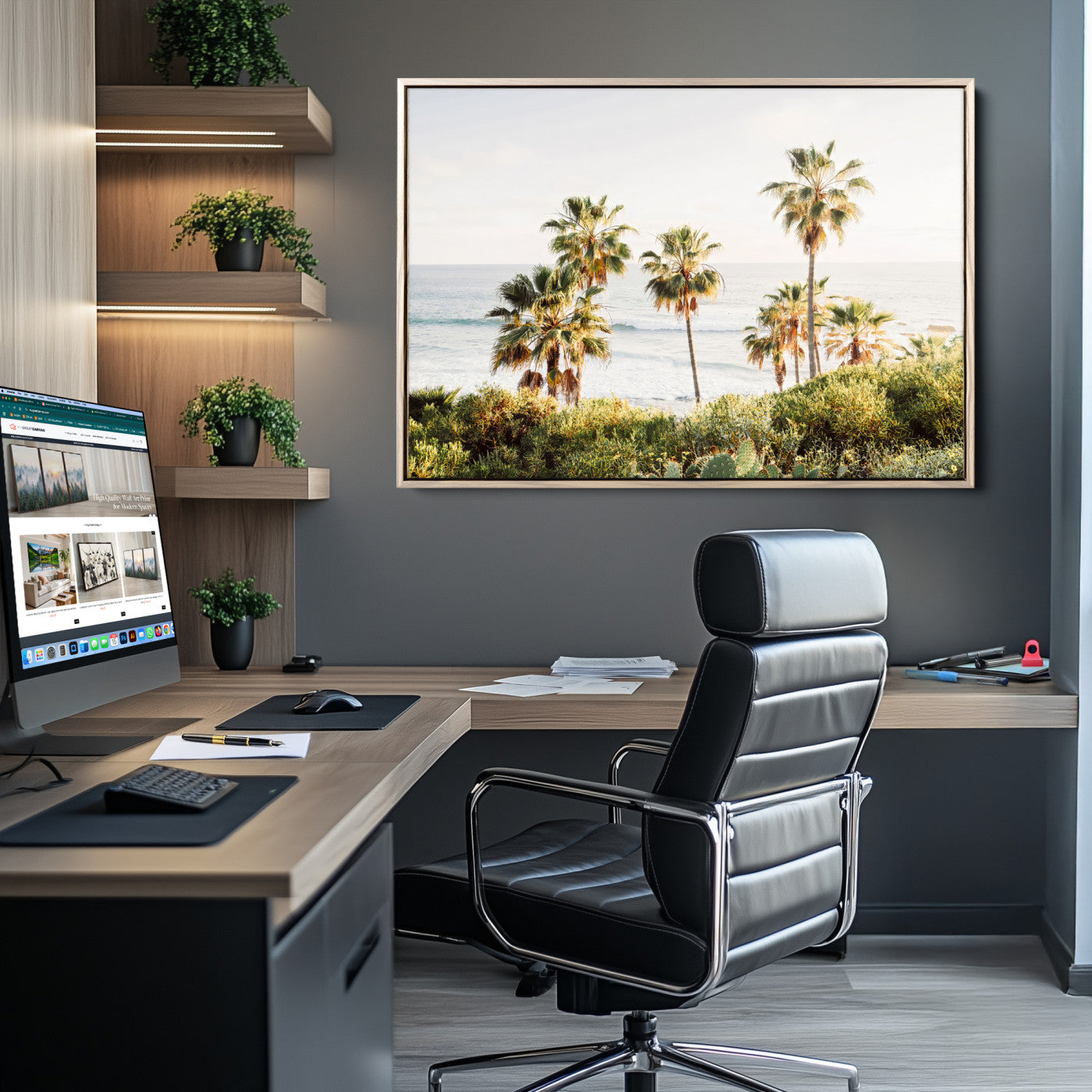 94707294-MGV-CV-36X24-California Coast Wall Art Canvas Print, Framed Palm Trees Art Picture Print, Coastal Landscape Perfect Coastal Minimalist Decor