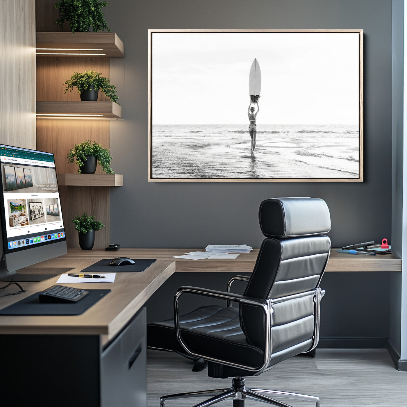 98446901-MGV-CV-36X24-Monochrome Surf Wall Art Canvas Print, Framed Minimalist Surfer Art Picture Print, Surfboard Silhouette Perfect Coastal Minimalist