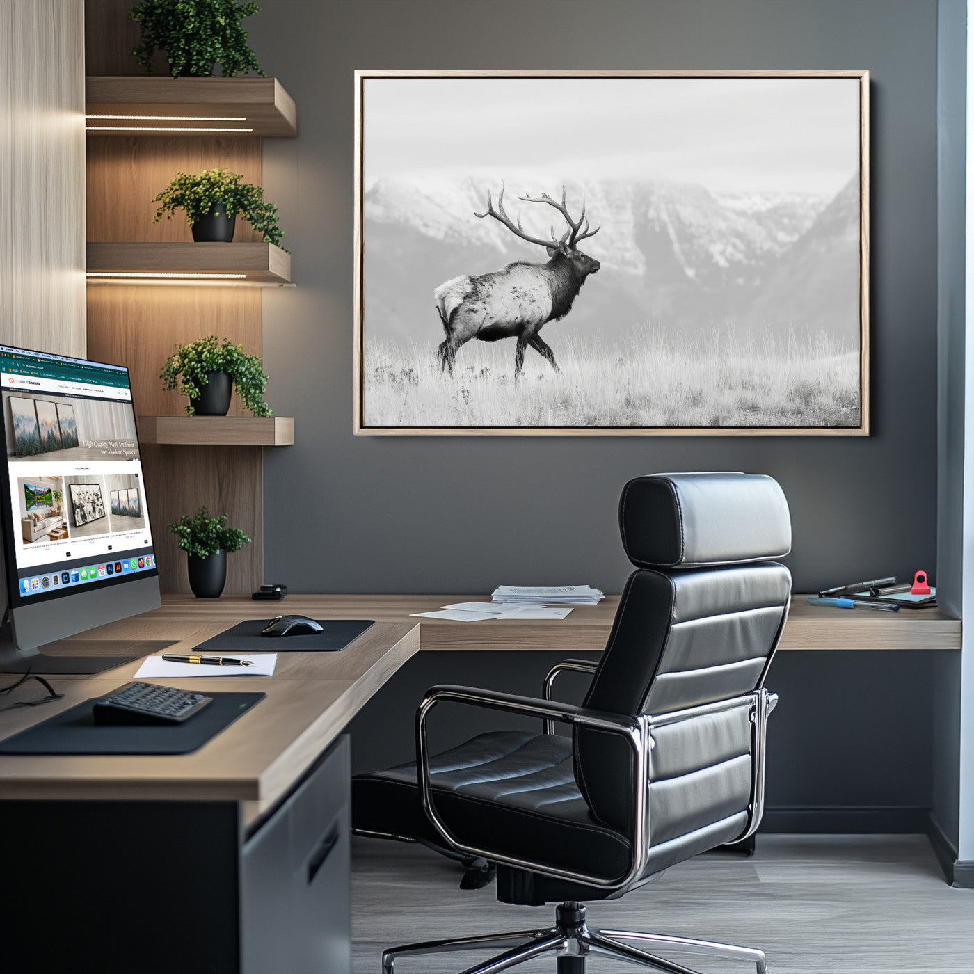 62278753-MGV-CV-36X24-Monochrome Elk Wall Art Canvas Print, Framed Mountain Wildlife Art Picture Print, Rustic Nature Perfect Rustic Minimalist Decor