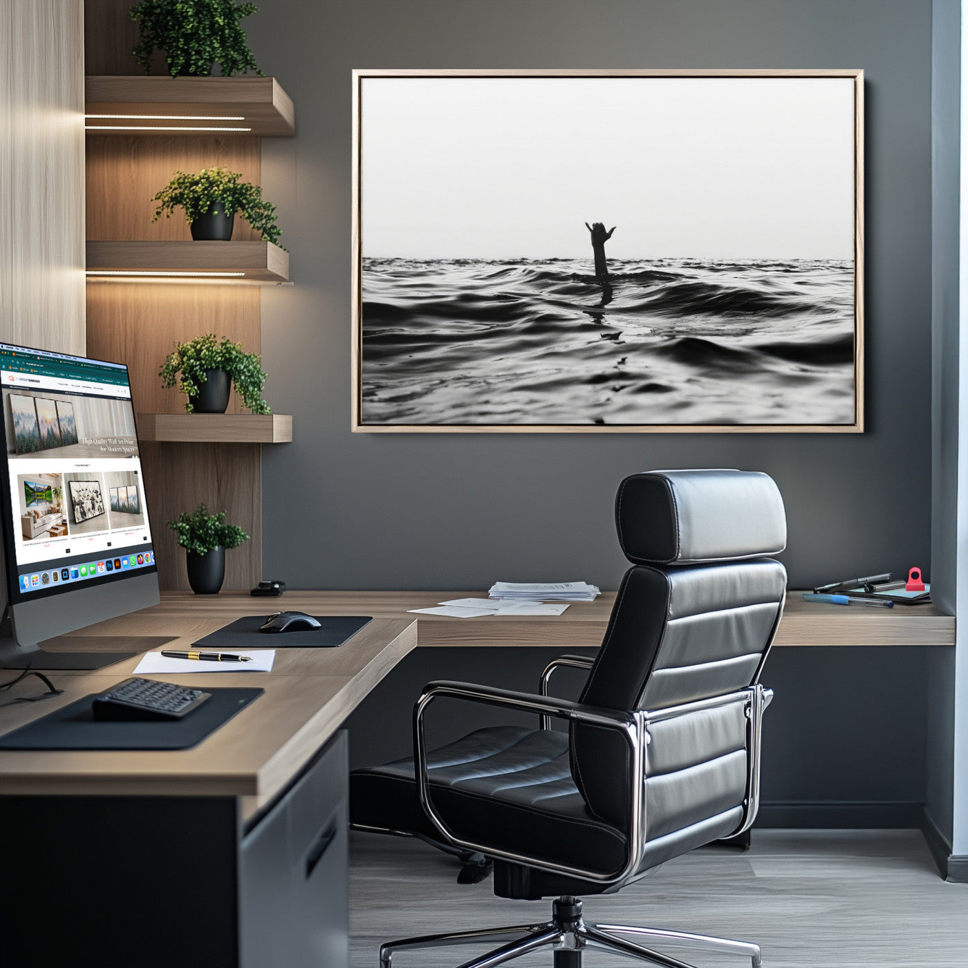 69541918-MGV-CV-36X24-Black White Ocean Wall Art Canvas Print, Framed Moody Seascape Art Picture Print, Surfer Sign Perfect Moody Minimalist Decor