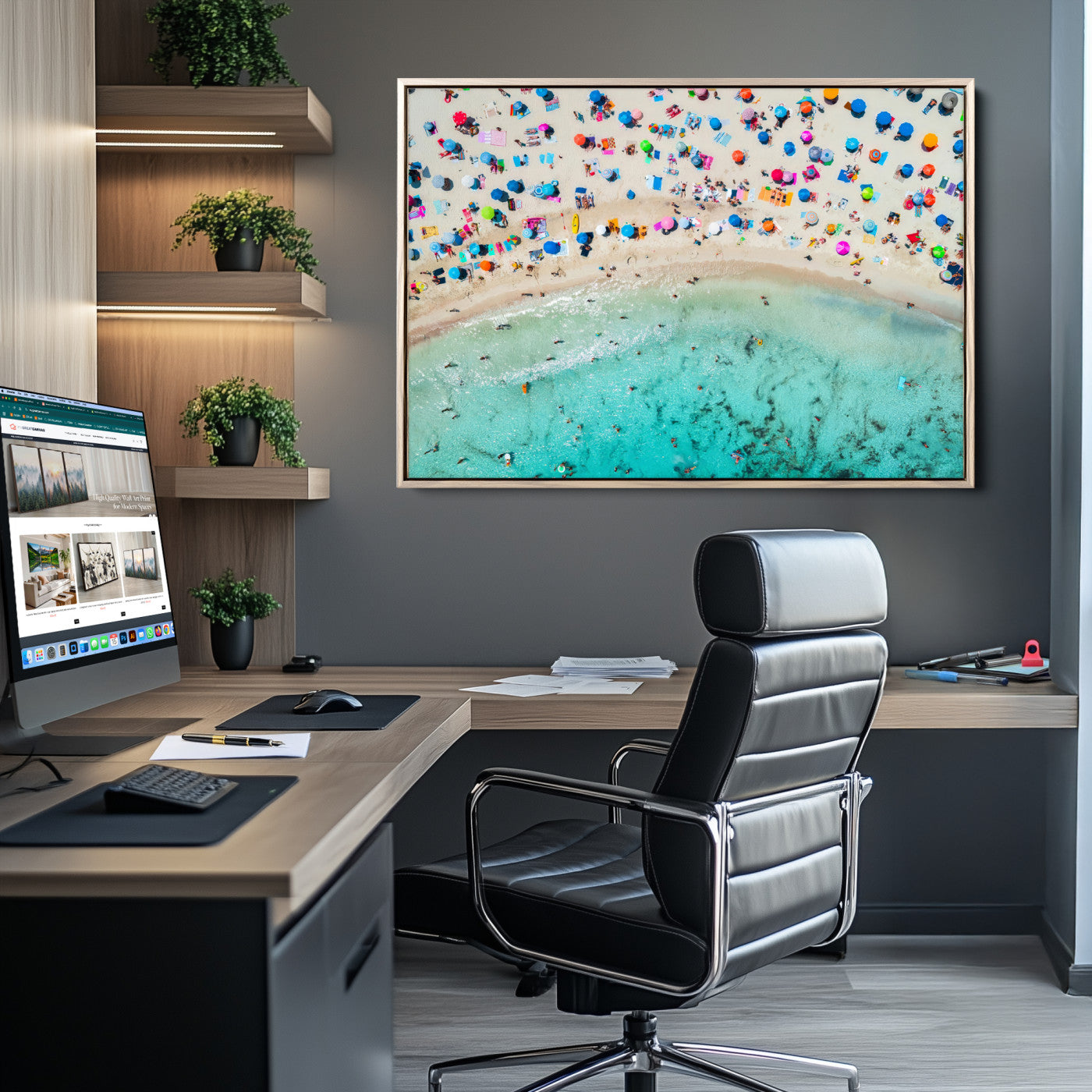 76172085-MGV-CV-36X24-Tropical Shoreline Wall Art Canvas Print, Framed Beach Relaxing Art Picture Print, Aerial Summer Perfect Coastal Vibrant Decor