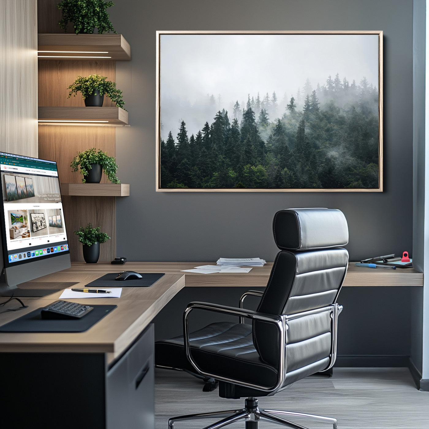 84146572-MGV-CV-36X24-Foggy Pine Trees Wall Art Canvas Print, Framed Forest Nature Art Picture Print, Evergreen Forest Perfect Scandinavian Minimalist