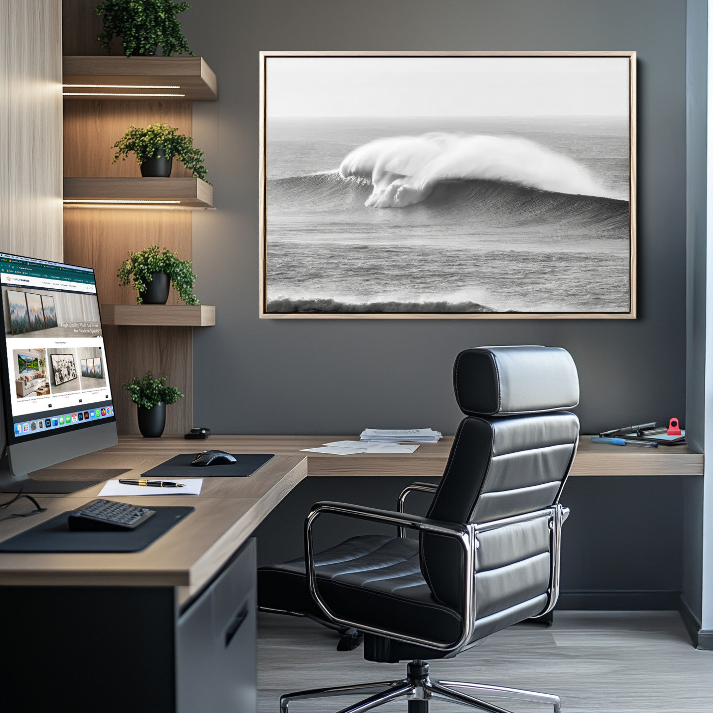 42544082-MGV-CV-36X24-Monochrome Seascape Wall Art Canvas Print, Framed Surf Wave Art Picture Print, Minimalist Ocean Perfect Moody Coastal Decor