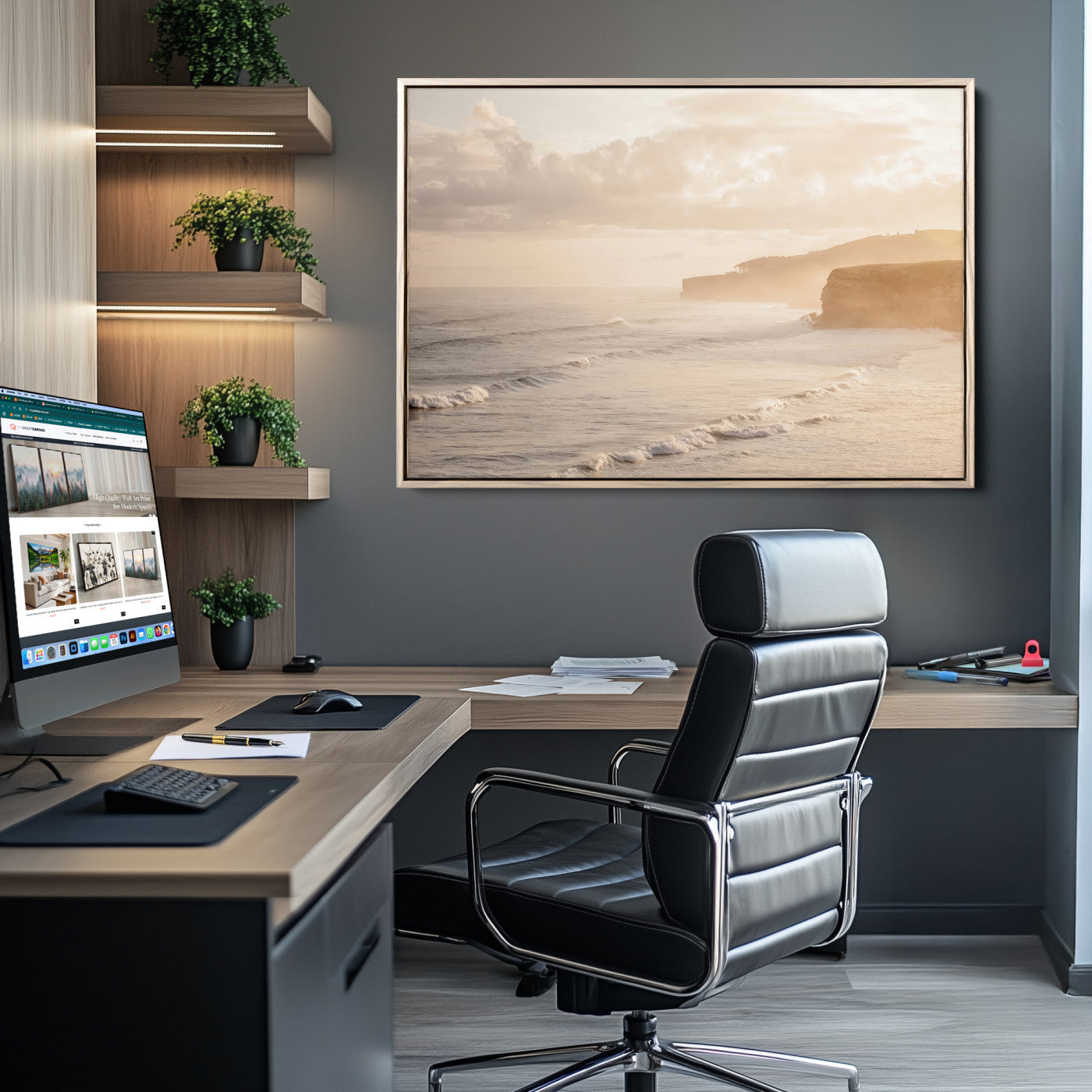 57669769-MGV-CV-36X24-Misty Coastal Wall Art Canvas Print, Framed Golden Sunset Art Picture Print, Serene Shoreline Perfect Tranquil Coastal Decor