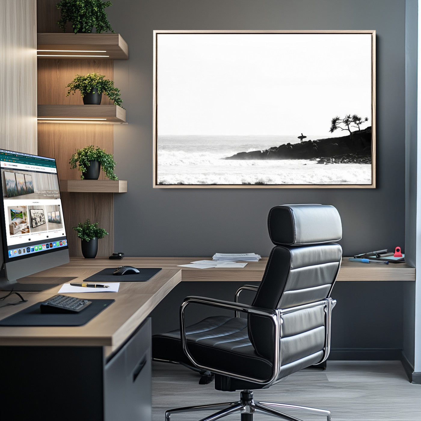 40875891-MGV-CV-36X24-SurferCliffs Wall Art Canvas Print, Framed Black White Beach Art Picture Print, Ocean Waves Perfect Minimalist Coastal Decor