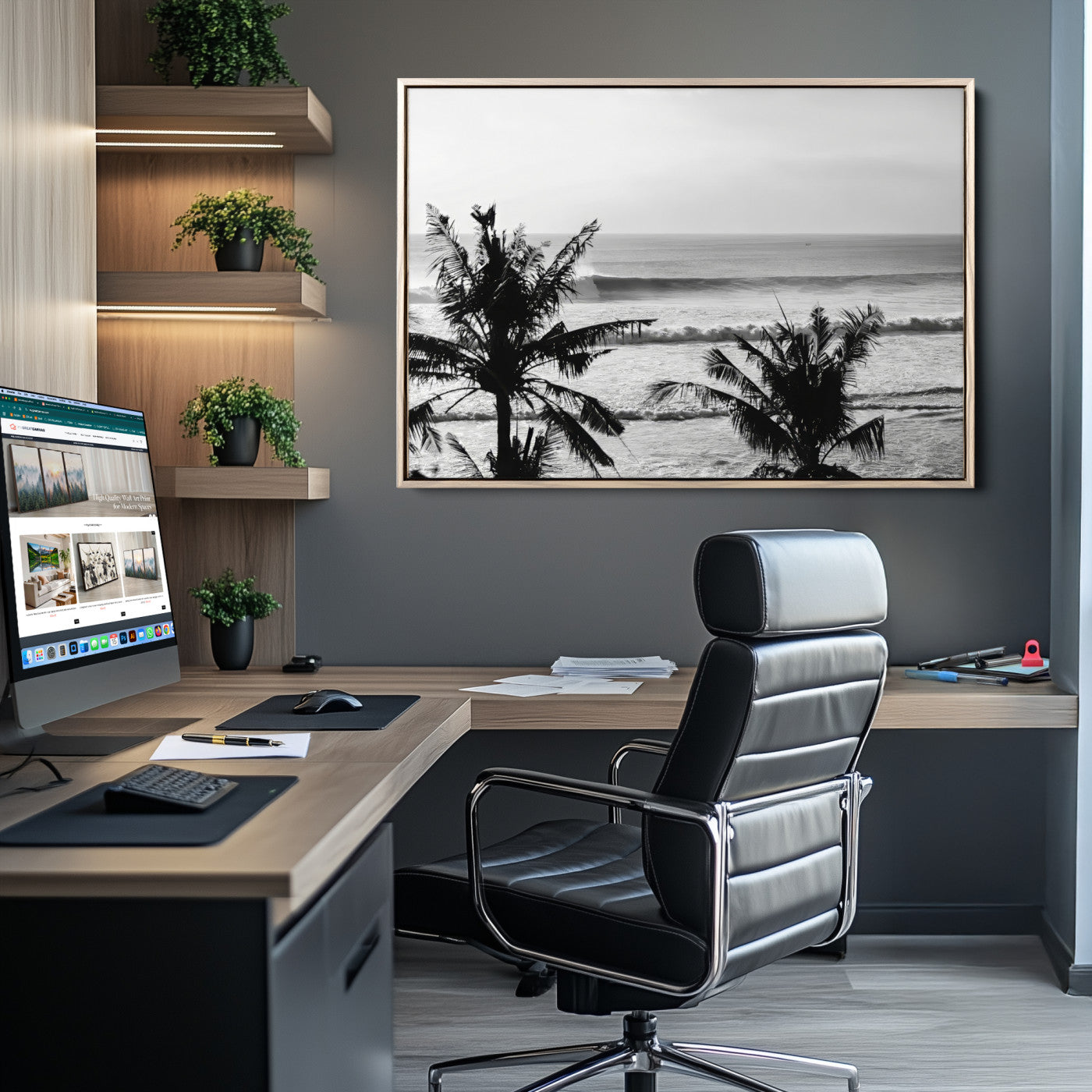 17508038-MGV-CV-36X24-Tropical Coastline Wall Art Canvas Print, Framed Palm Trees Art Picture Print, Ocean Waves Perfect Minimalist Coastal Decor