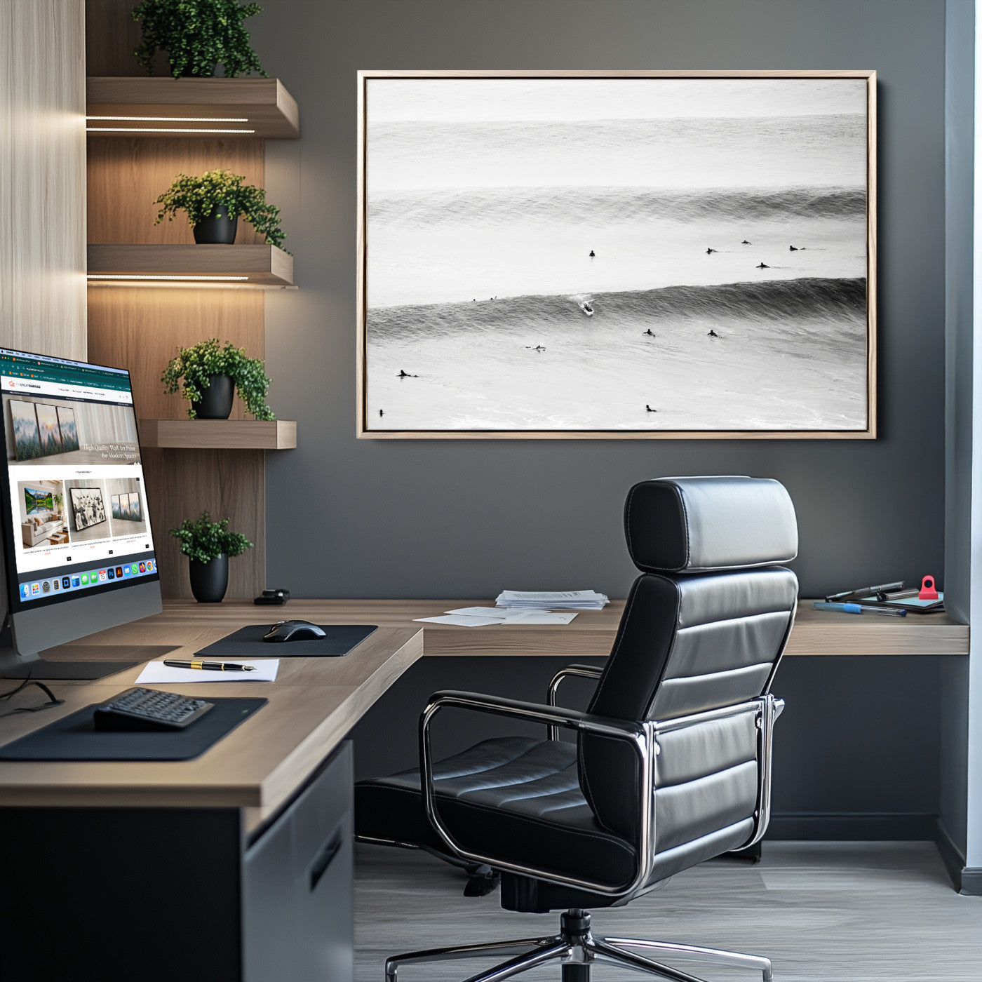 54291445-MGV-CV-36X24-Black White Ocean Wall Art Canvas Print, Framed Coastal Sport Art Picture Print, Ocean Culture Perfect Minimalist Coastal Decor