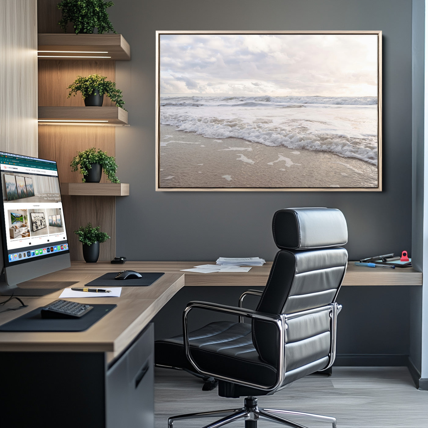 70596264-MGV-CV-36X24-Ocean Waves Wall Art Canvas Print, Framed Coastal Shoreline Art Picture Print, Sea Foam Perfect Coastal Minimalist Decor Artwork