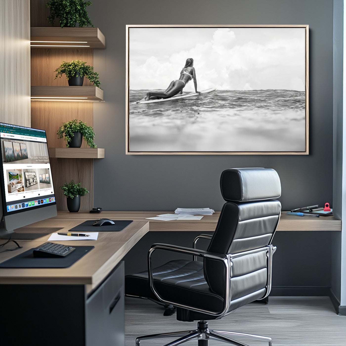 69798068-MGV-CV-36X24-Black White Surfing Wall Art Canvas Print, Framed Ocean Horizon Art Picture Print, Surfer Girl Perfect Coastal Adventure Decor