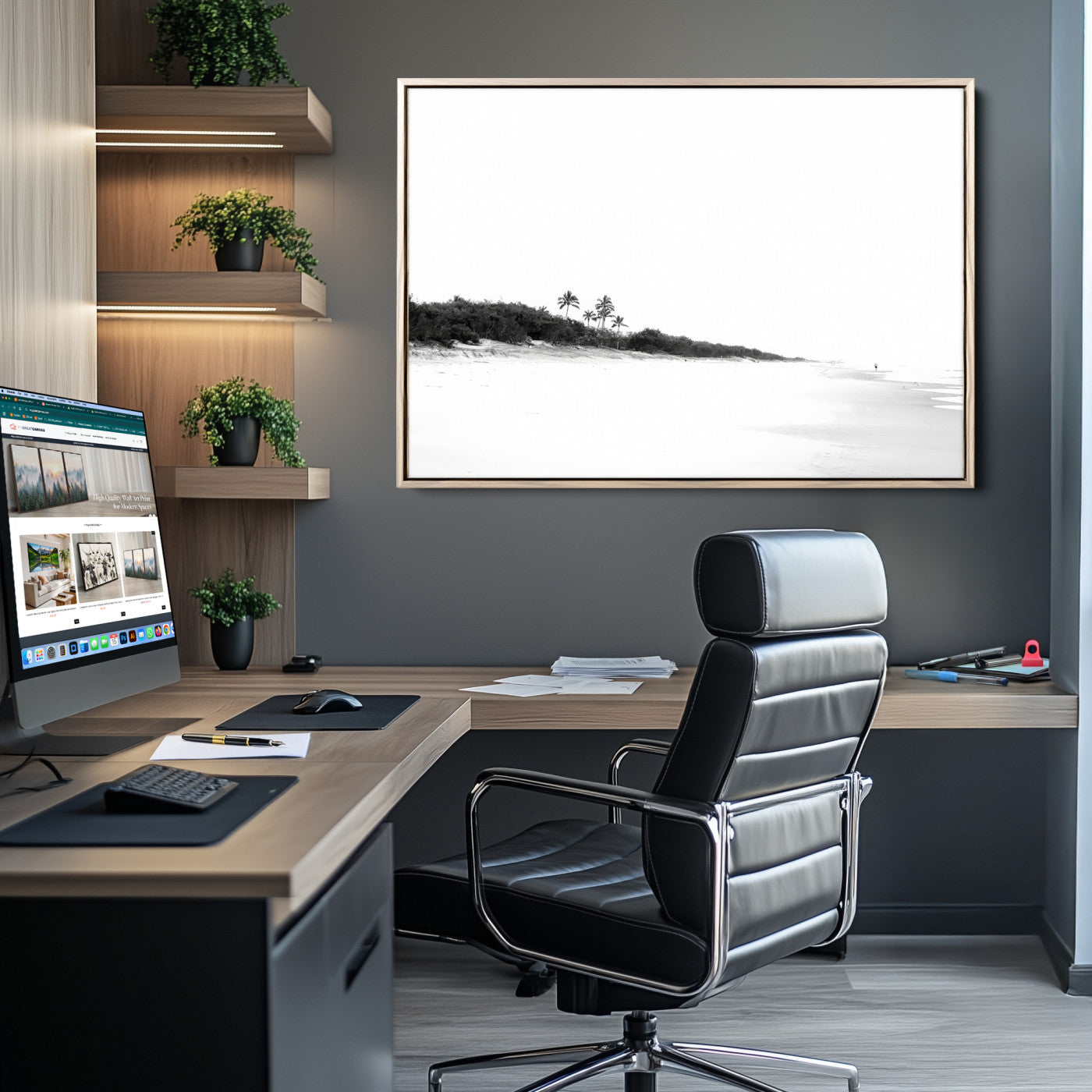 29611516-MGV-CV-36X24-Black White Beach Wall Art Canvas Print, Framed Palm Trees Art Picture Print, Monochrome Tropical Perfect Minimalist Coastal Decor