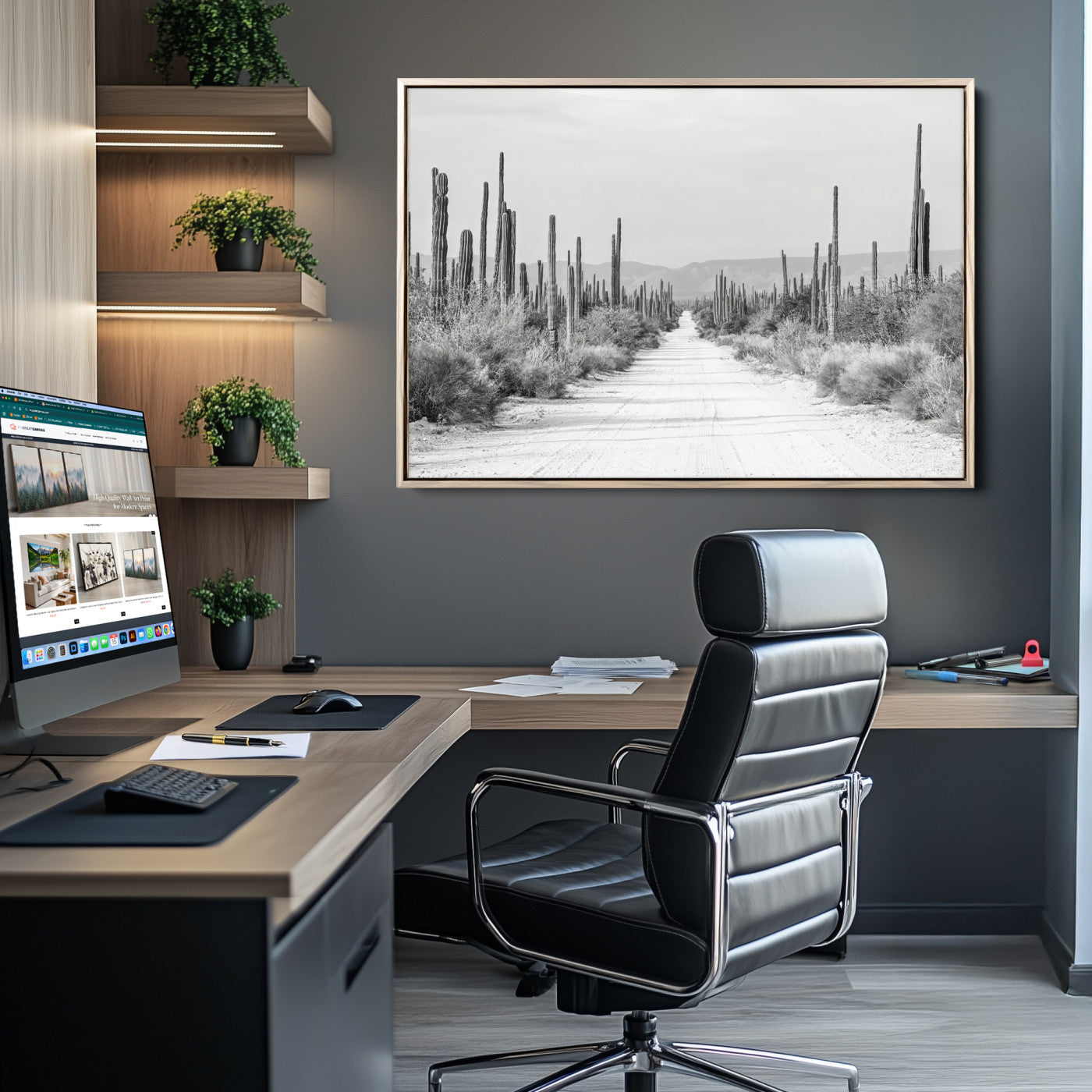 35537313-MGV-CV-36X24-Monochrome Desert Wall Art Canvas Print, Framed Cactus Path Art Picture Print, Southwestern Landscape Perfect Southwestern