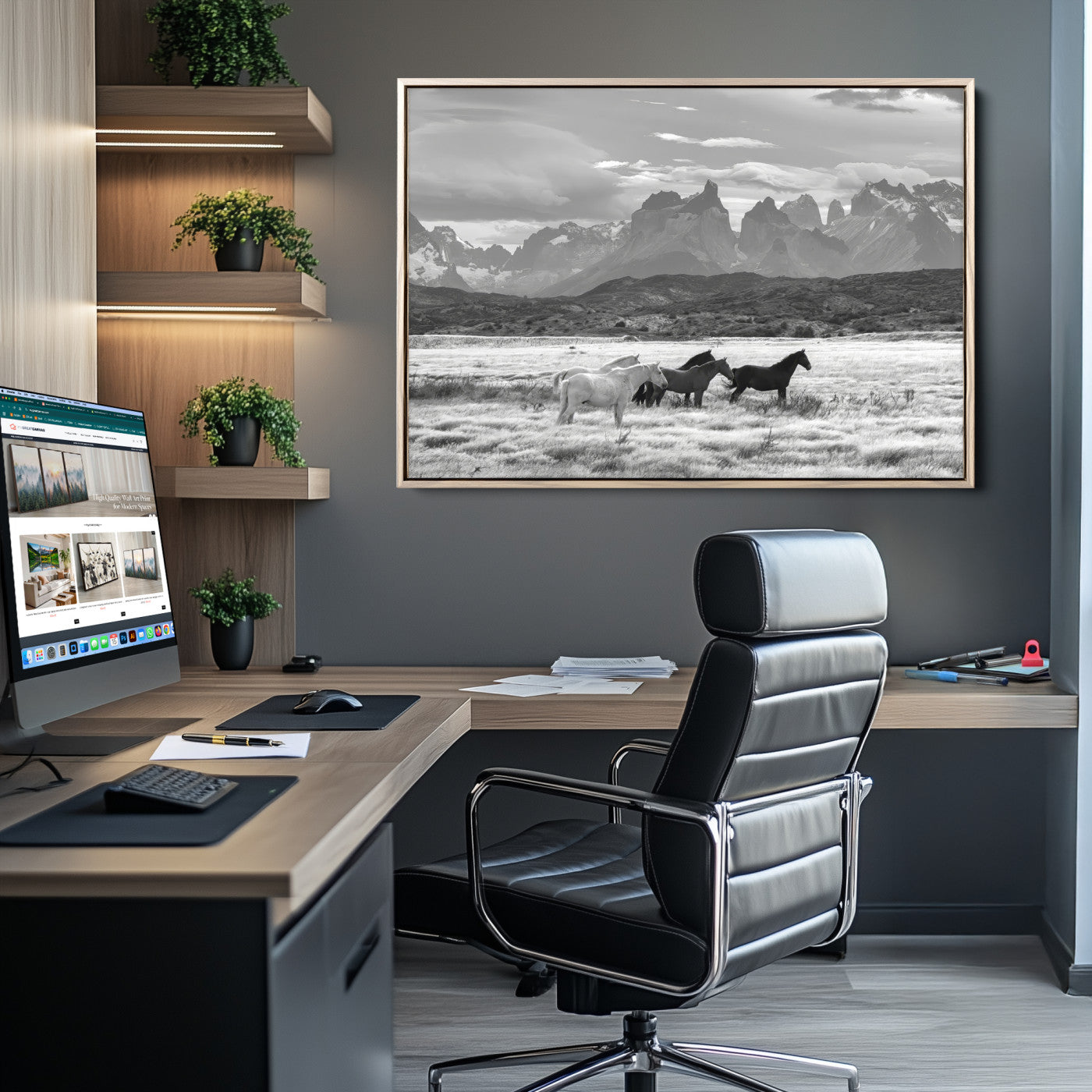 21655040-MGV-CV-36X24-Wild Horses Wall Art Canvas Print, Framed Black White Mountains Art Picture Print, Rustic Countryside Perfect Rustic Western Decor
