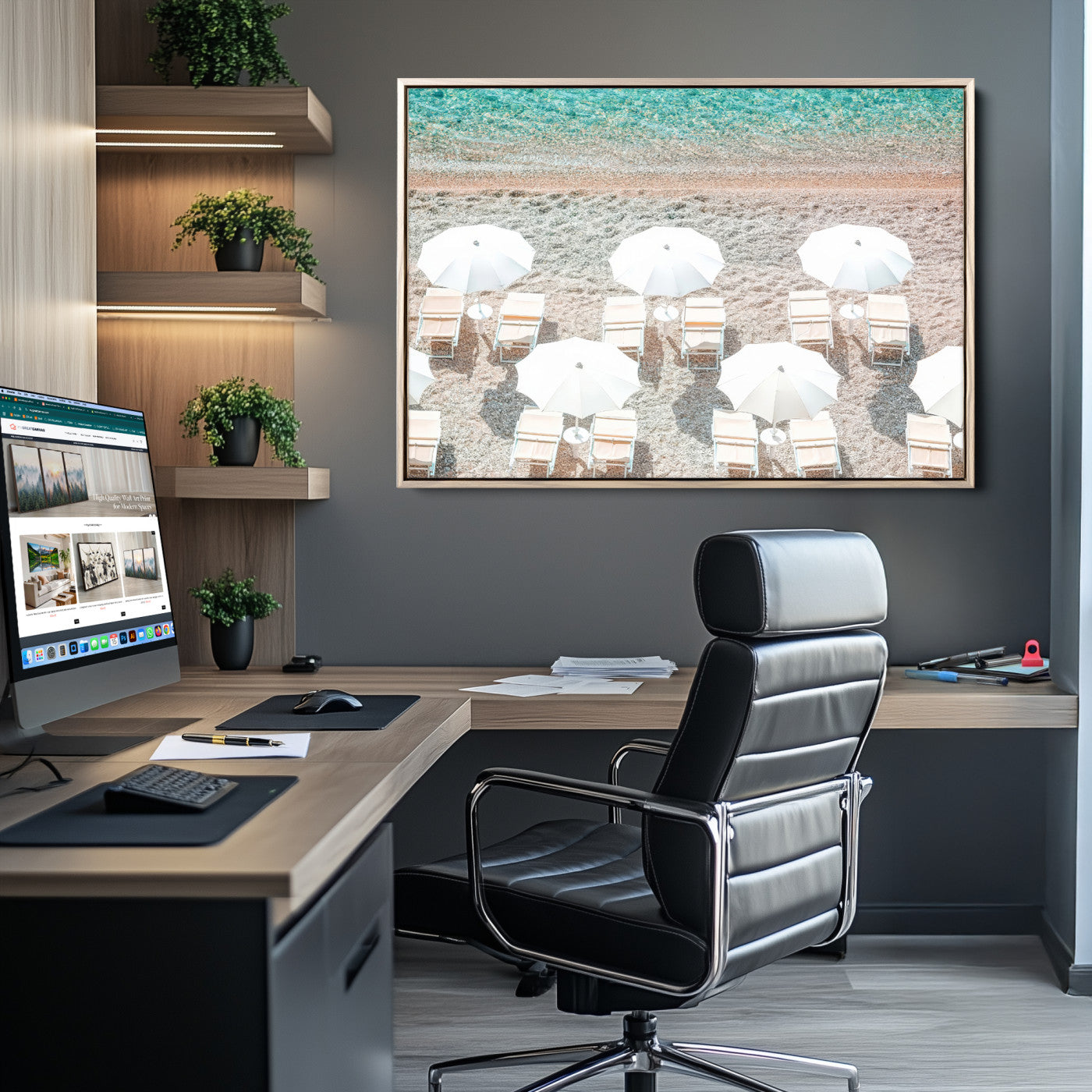 83736167-MGV-CV-36X24-Calm Beach Wall Art Canvas Print, Framed Turquoise Water Art Picture Print, Umbrella Shoreline Perfect Coastal Minimalist Decor